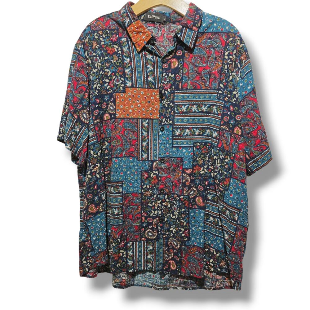 VatPave Men's XL Patchwork Paisley Floral Short Sleeve Button Down Shirt